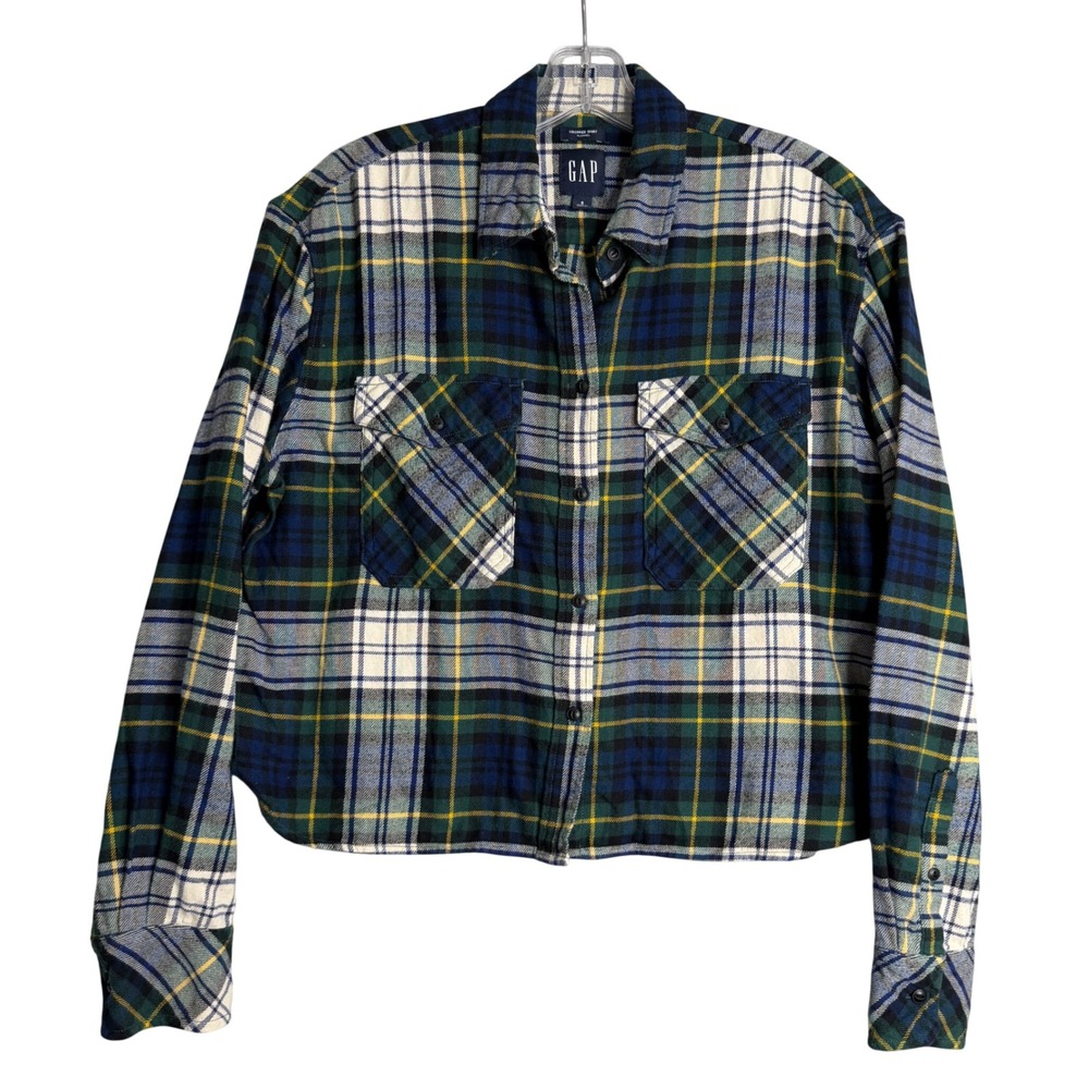 Gap Cropped Flannel Shirt Womens S Blue Green Cotton Boxy Preppy‎ Western